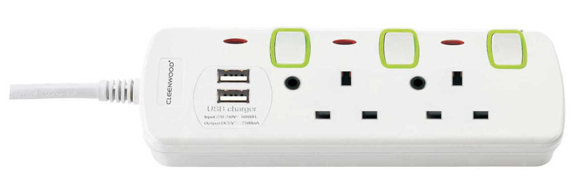 Picture of 4M Power Extension 2 Way with 2 USB Ports