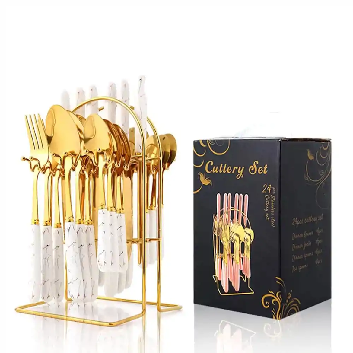 Picture of طقم أدوات مائدة انيق يتميز بمقابض بيضاء رخامية (ملاعق شوكه سكين )